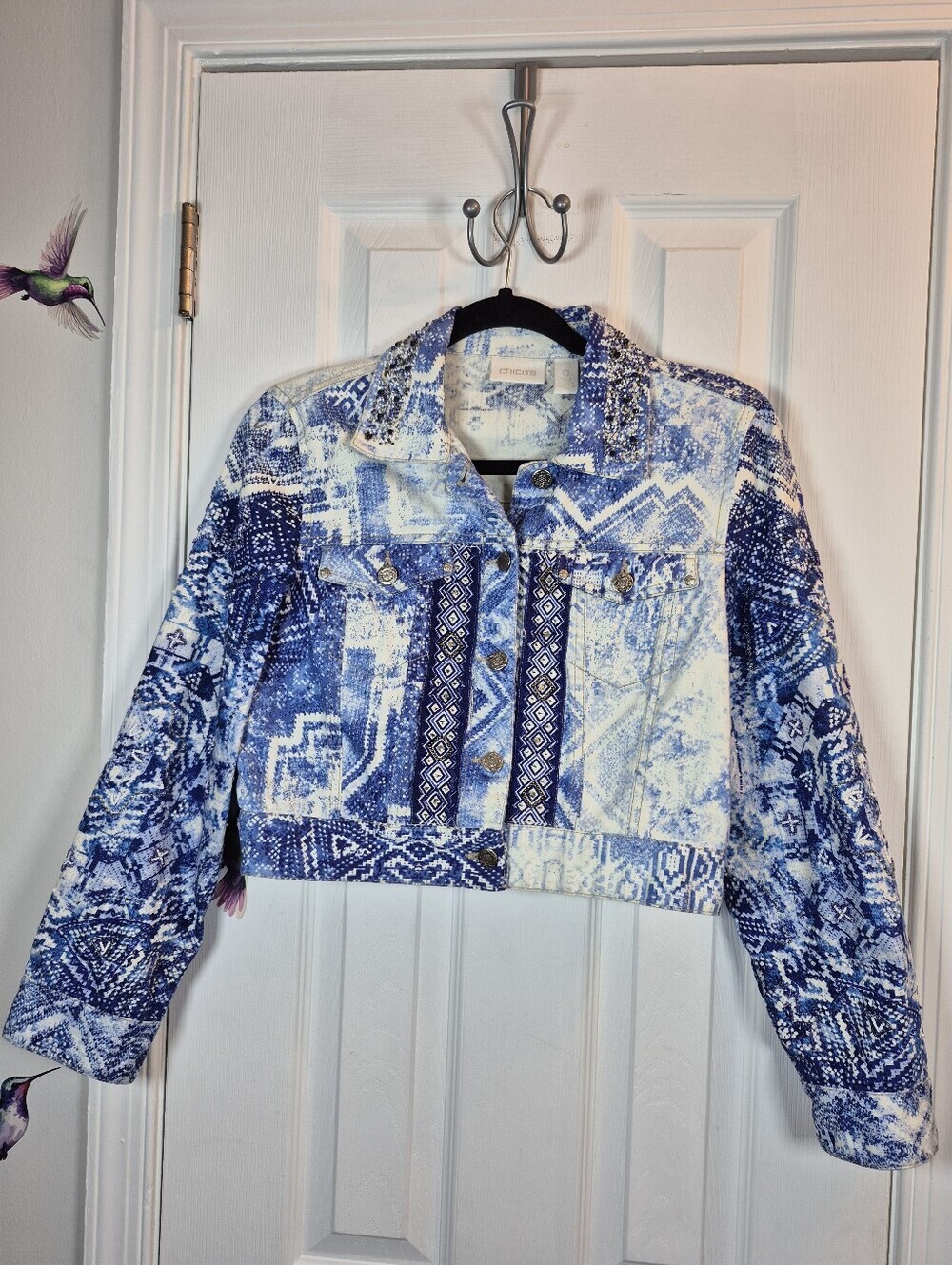 Chico's Beaded Aztec Denim Jacket Cropped Blue Artisan Boho Women Size 00 XS